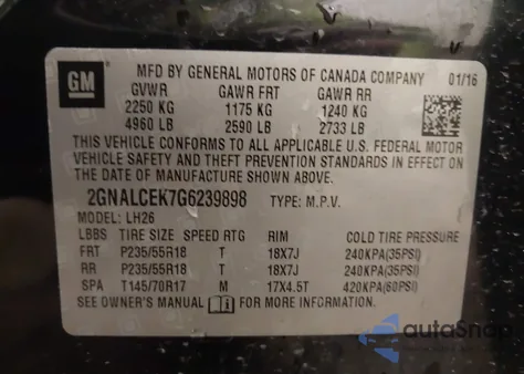 2016 Chevrolet Equinox Lt z USA, uszkodzony, nr VIN 2GNALCEK7G6239898